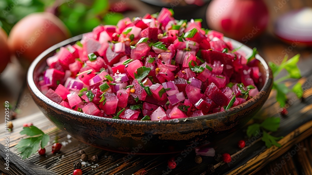 Fresh homemade Beetroot Salad with onions on wooden plate Fresh homemade Beetroot Salad with onions on wooden plate
