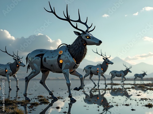 A pack of robotic stags roaming a dystopian landscape under a futuristic sky, digital art of futuristic wildlife concept. photo