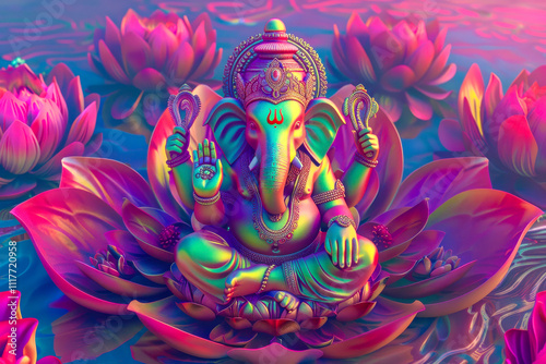 Ganesha sitting in the middle of lotus flower background rainbow color