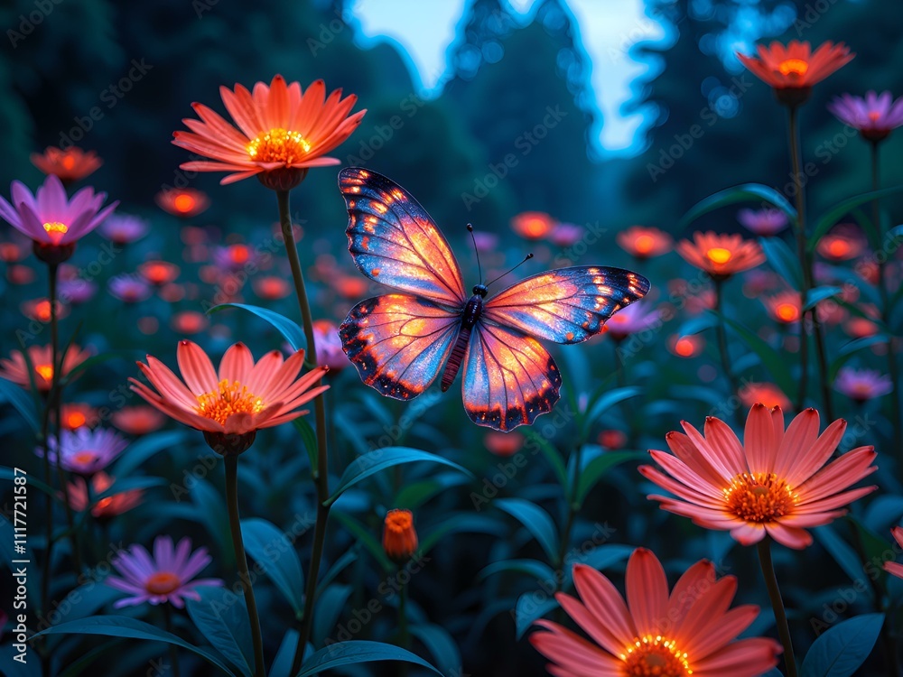 A magical evening with a glowing butterfly among radiant flowers in an enchanted garden, digital artwork of fantasy nature concept. A magical evening with a glowing butterfly among radiant flowers in an enchanted garden, digital artwork of fantasy nature concept.