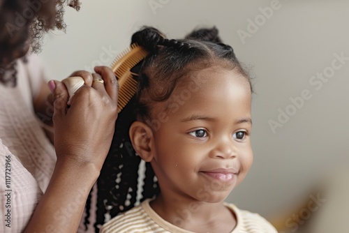 Little girl getting her hair braided by an adult, smiling softly with a pink comb in view. photo