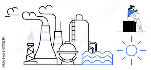 Industrial facility with smoke stacks, domes, water, rising sun, and clouds. Worker seated reading. Ideal for manufacturing, energy, environment industry efficiency oversight modern industry