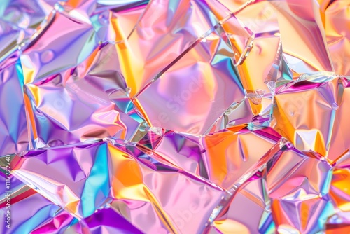 A close-up of glass-like crystal tiles reflecting pastel hues of pink, purple, and blue, forming an intricate geometric pattern.