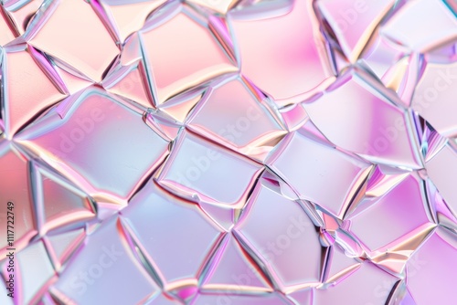 A close-up of glass-like crystal tiles reflecting pastel hues of pink, purple, and blue, forming an intricate geometric pattern.