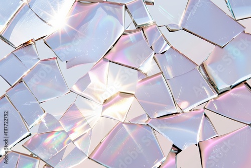 A close-up of glass-like crystal tiles reflecting pastel hues of pink, purple, and blue, forming an intricate geometric pattern.