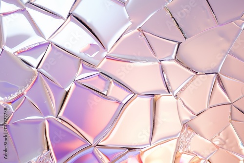 A close-up of glass-like crystal tiles reflecting pastel hues of pink, purple, and blue, forming an intricate geometric pattern.
