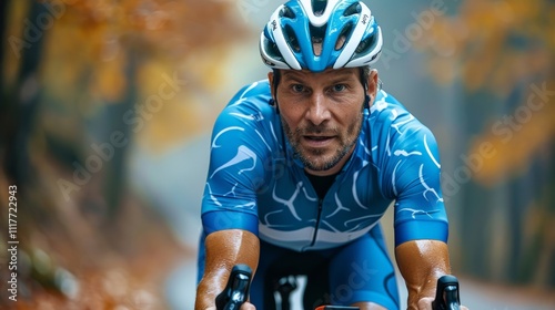 A cyclist rides down a sunny road wearing a blue uniform and helmet, with determination, surrounded by a scenic landscape and palm trees.