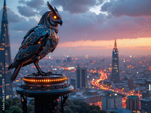 A futuristic mechanical owl overlooking a dystopian city at dusk with glowing eyes and vibrant skyscrapers, digital art of futuristic concept. photo