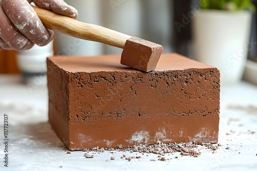 Hand using mallet to shape a block of clay.