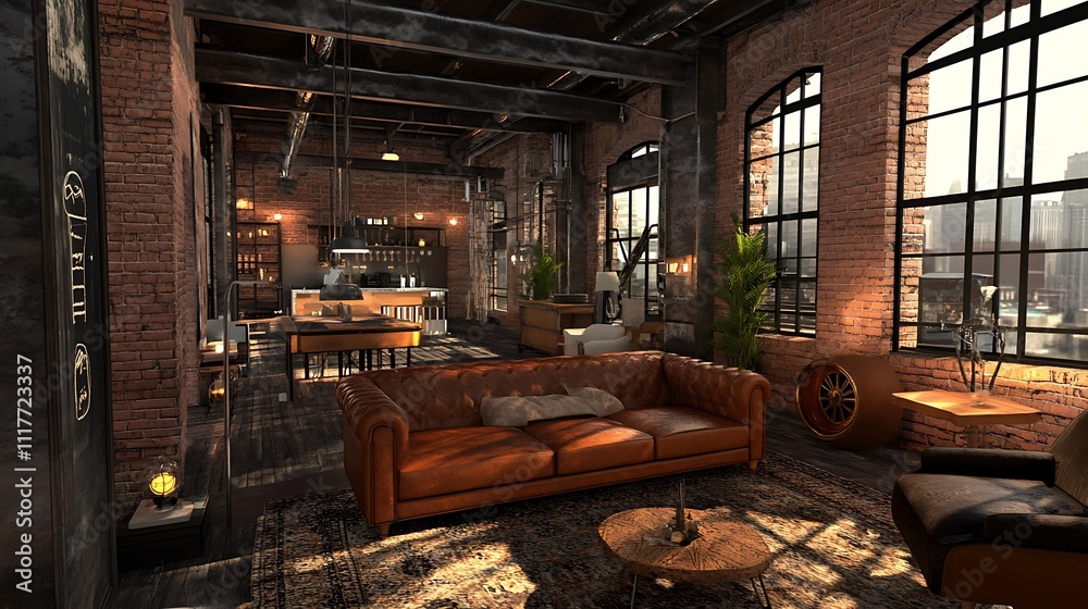 A stylish industrial loft with a cozy living area and modern kitchen. A stylish industrial loft with a cozy living area and modern kitchen.