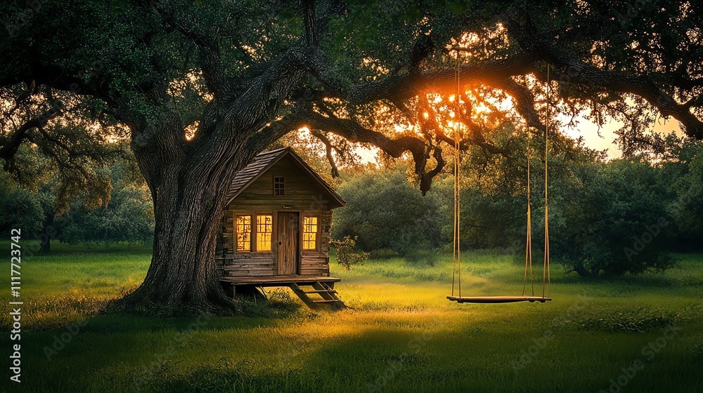 A cozy wooden house under a large tree, with a swing, bathed in warm sunset light.