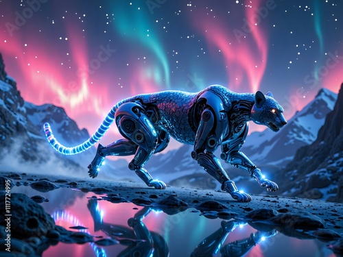 A sleek robotic panther roaming under an aurora borealis in a mountainscape, digital art of sci fi concept. photo