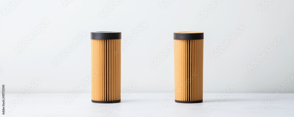 Fototapeta premium Furnace Filter concept. Two cylindrical objects with a wooden texture placed on a light surface.