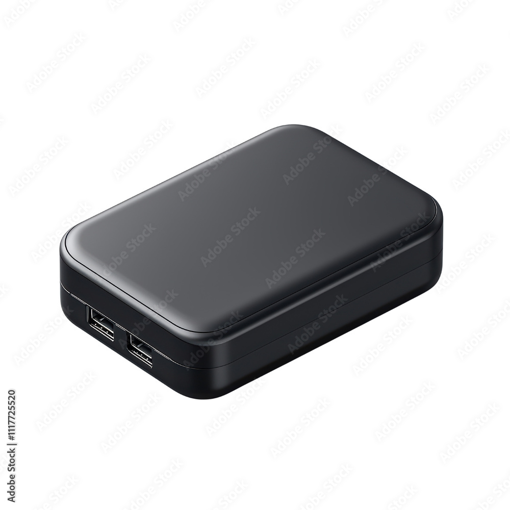 Portable black power bank with dual USB ports for charging devices isolated on transparent background Portable black power bank with dual USB ports for charging devices isolated on transparent background