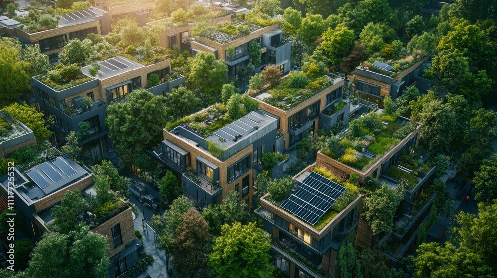 Fototapeta premium Aerial View of Green Cityscape with Rooftop Gardens and Trees