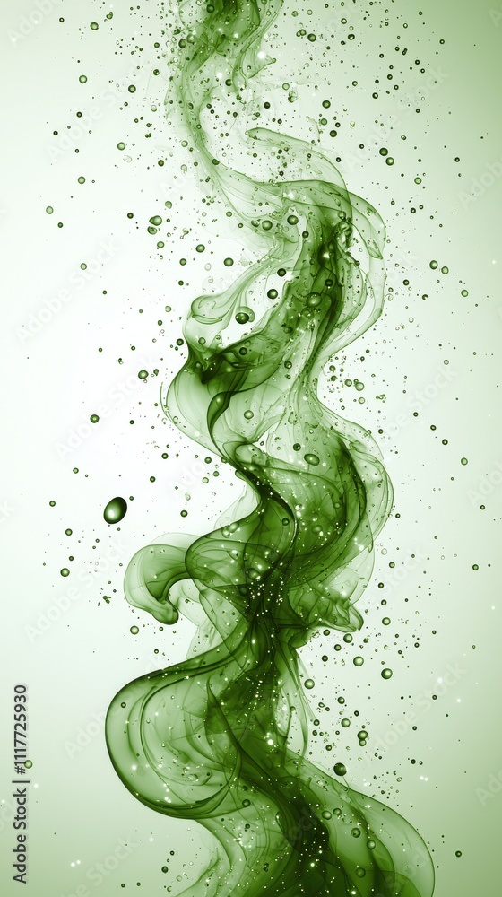 Swirling green smoke with bubbles creating an ethereal effect on a light background
