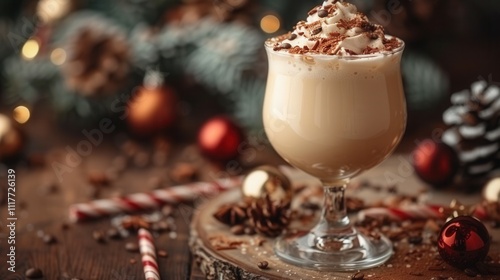 Celebrate the holiday spirit with a delightful creamy beverage topped with festive decorations. Generative AI