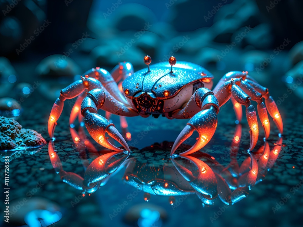 A glowing robotic crab reflecting underwater lights in a mystical ocean environment, digital art of fantasy creature concept. A glowing robotic crab reflecting underwater lights in a mystical ocean environment, digital art of fantasy creature concept.