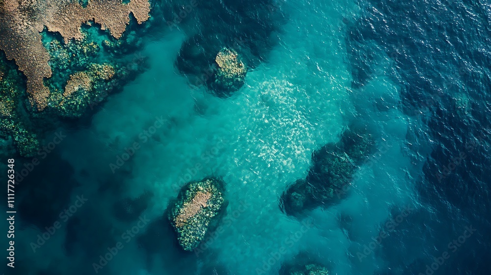 Obraz premium Aerial view of clear blue water with coral formations and rocky outcrops.