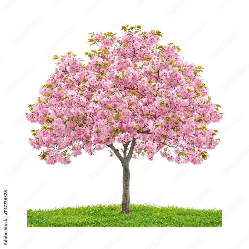 Fototapeta premium Blossoming cherry tree with vibrant pink flowers and lush green grass isolated on transparent background