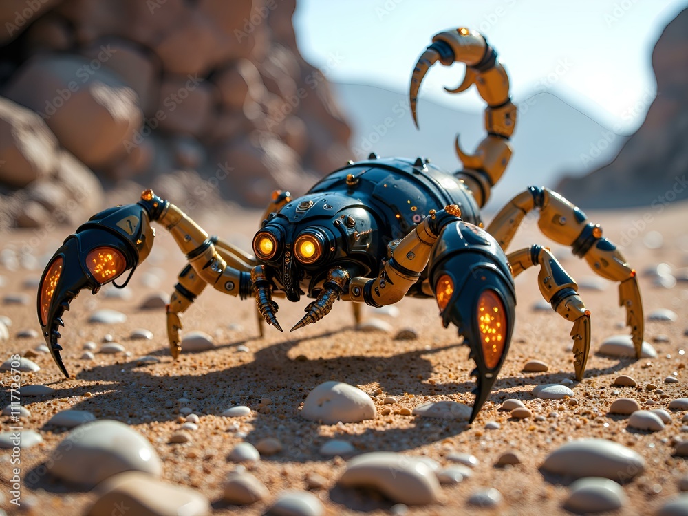 Fototapeta premium Futuristic robotic scorpion crawling on a desert terrain under a clear sky, 3d rendering of futurism concept.