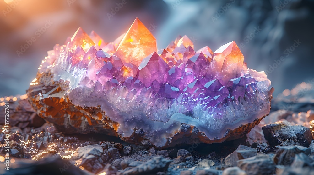 Gleaming geode crystal on stone, beautiful view Gleaming geode crystal on stone, beautiful view