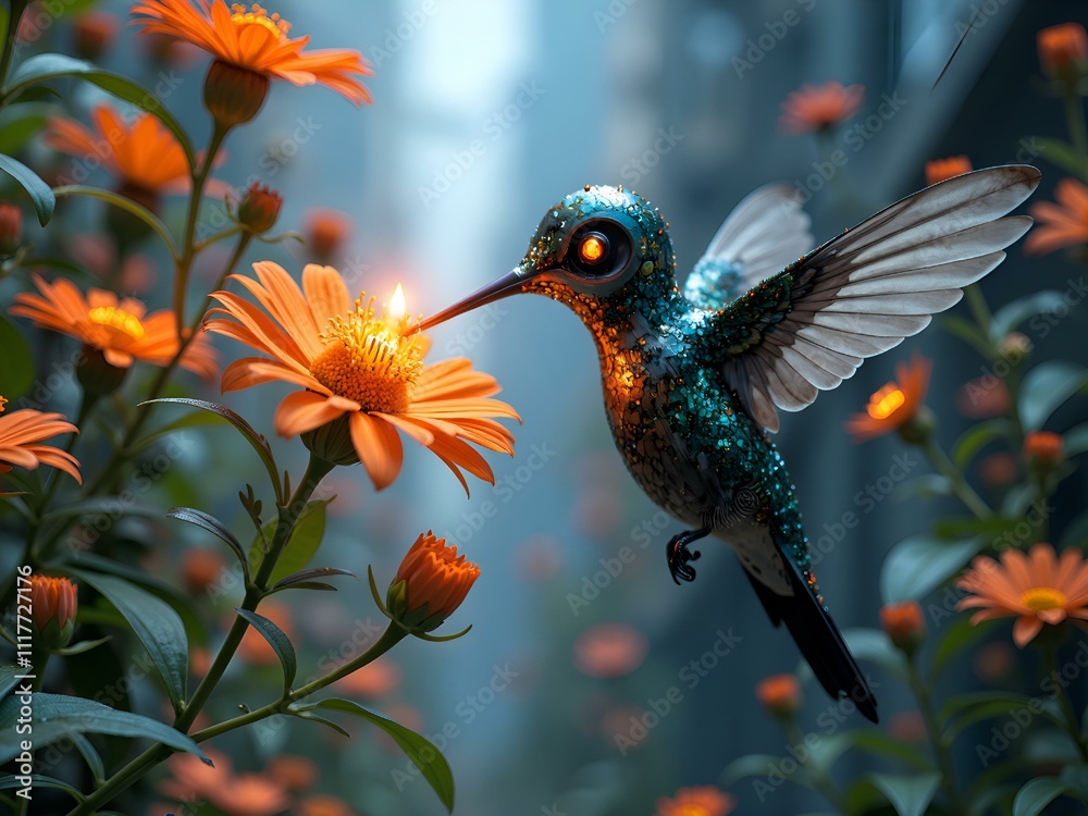 Fototapeta premium A sparkling hummingbird emerges amid vibrant blossoms in a dreamlike flora fantasy, digital art of fantasy concept.