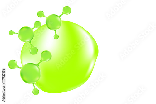 Green organic oil or collagen 3D molecule icon, with liquid glowing particles, fluid bubbles, isolated PNG, transparent background. Bio serum formula. Beauty biotechnology treatment nutrition.