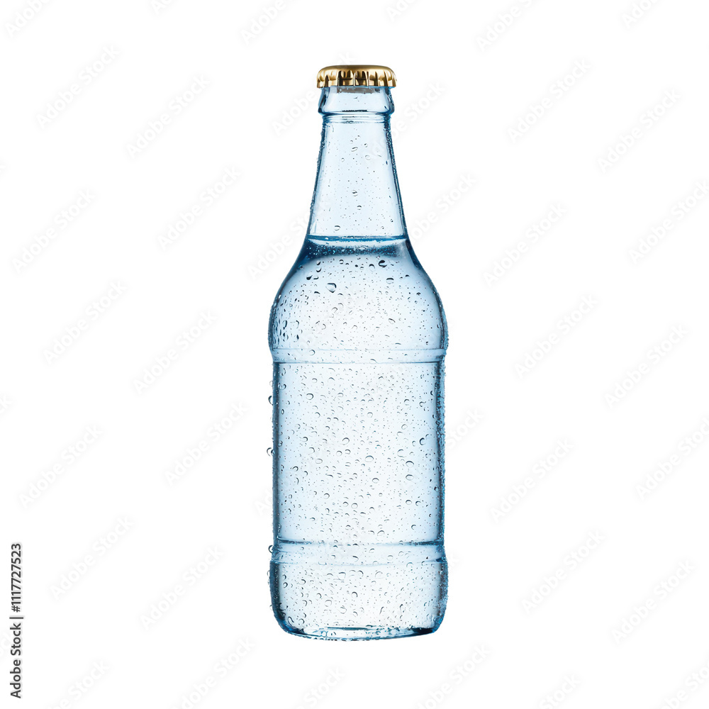 Clear glass bottle filled with sparkling water, condensation visible isolated on transparent background Clear glass bottle filled with sparkling water, condensation visible isolated on transparent background