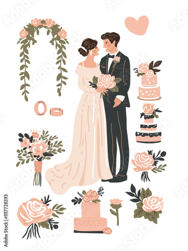 Romantic wedding vector collection, with couple holding hands, floral arch, elegant cake, and rings, creating an elegant celebration scene
