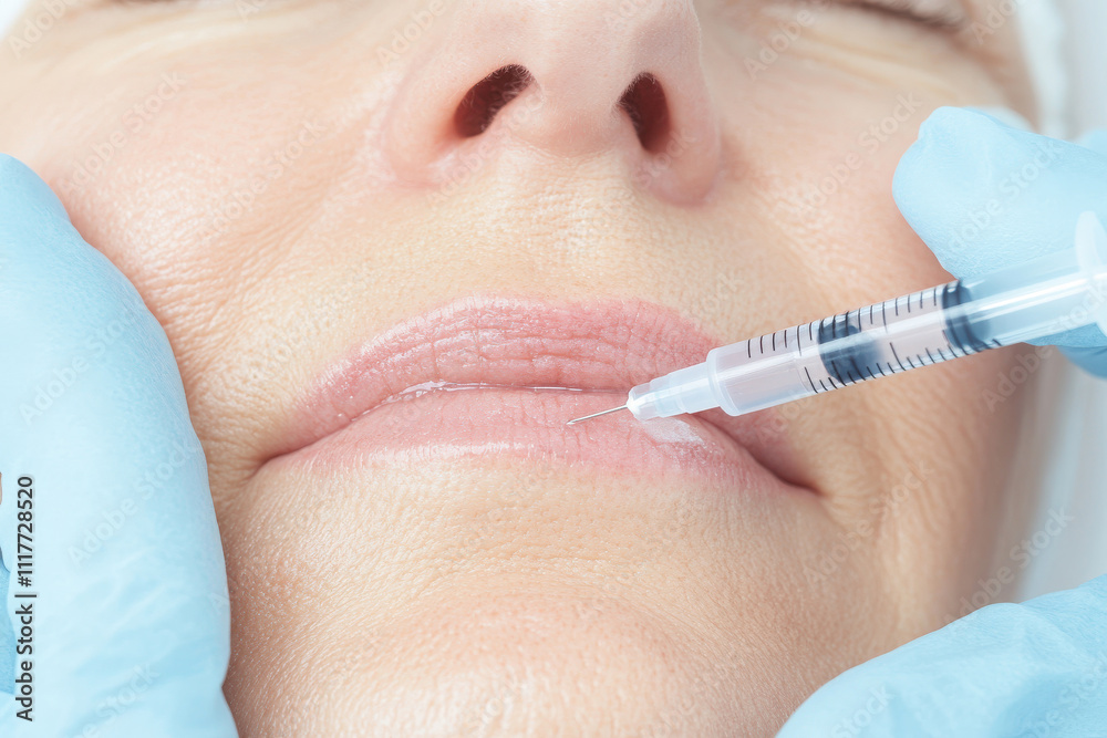Aesthetic Procedure Focus on Lip Enhancements with Practitioner Using Syringe for Dermal Filler Injection on Mature Woman's Lips in Clinical Setting Aesthetic Procedure Focus on Lip Enhancements with Practitioner Using Syringe for Dermal Filler Injection on Mature Woman's Lips in Clinical Setting