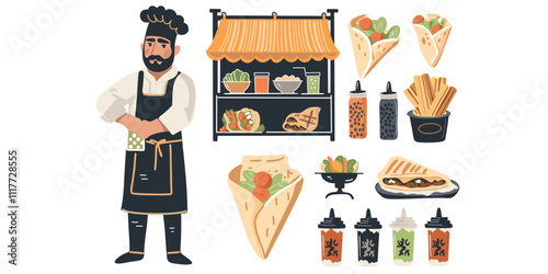 Vector set of street food aesthetic featuring shawarma, with items like shawarma wraps, pita pockets on trays, spices, and a friendly food cart with a chef preparing shawarma
Набор векторных изображе
