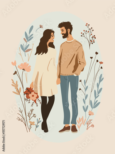 Vector illustration of a young couple in love walking and gazing at each other