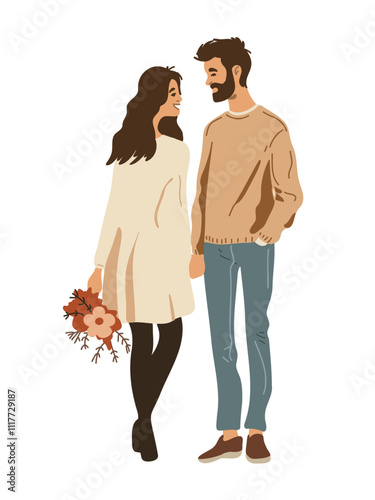 Vector art of a young couple strolling together, sharing a loving gaze