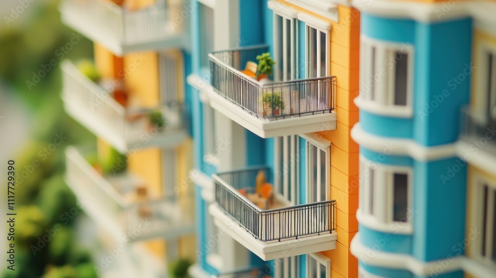 Colorful Miniature Building Model with Balconies Colorful Miniature Building Model with Balconies