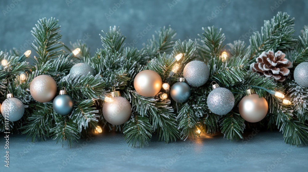 Christmas garland with bokeh lights on soft blue background Christmas garland with bokeh lights on soft blue background
