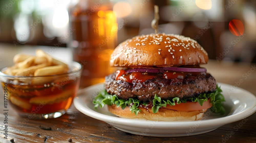 Hamburger on white plate with a cup of green tea Hamburger on white plate with a cup of green tea