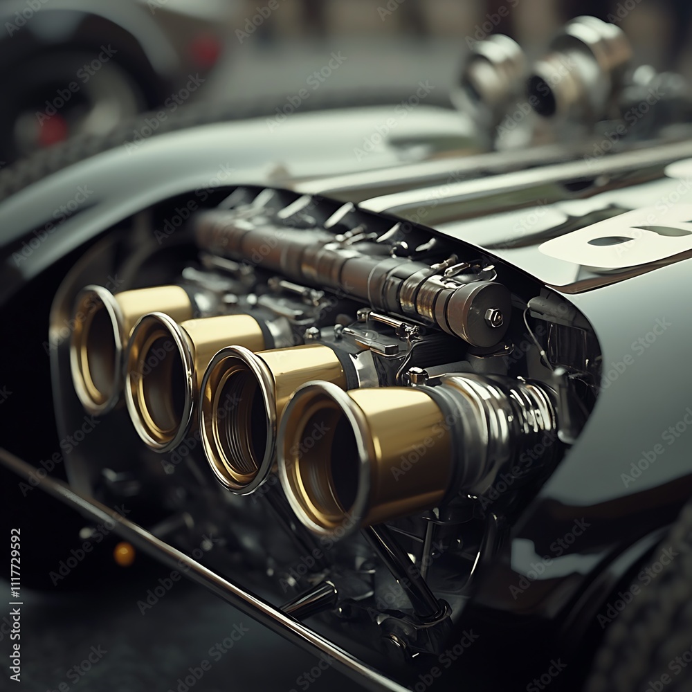 Fototapeta premium Close-up of a vintage race car's powerful, exposed engine with four gold exhaust pipes.