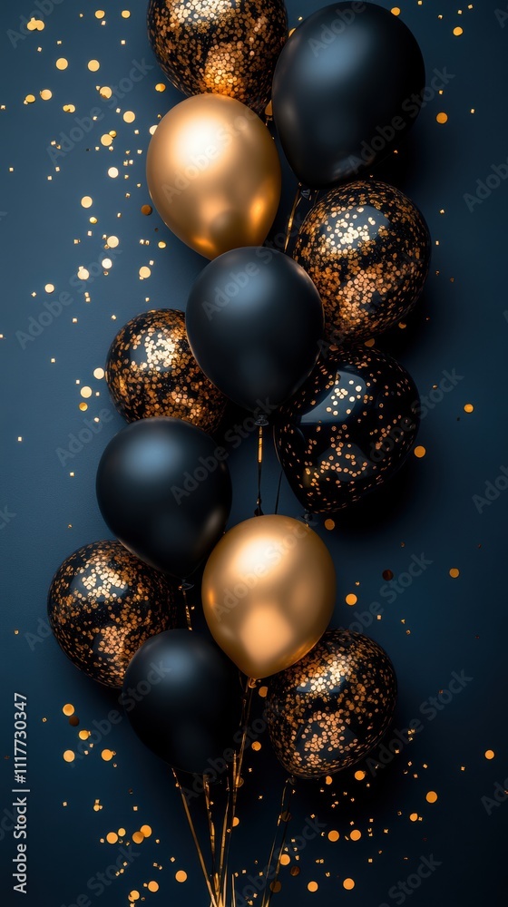 Glamorous empty frame with gold and black balloons on blue background