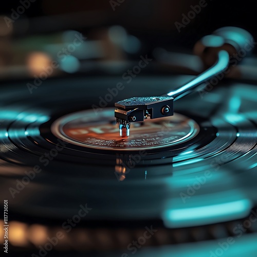 Close-up of turntable needle on vinyl record. photo