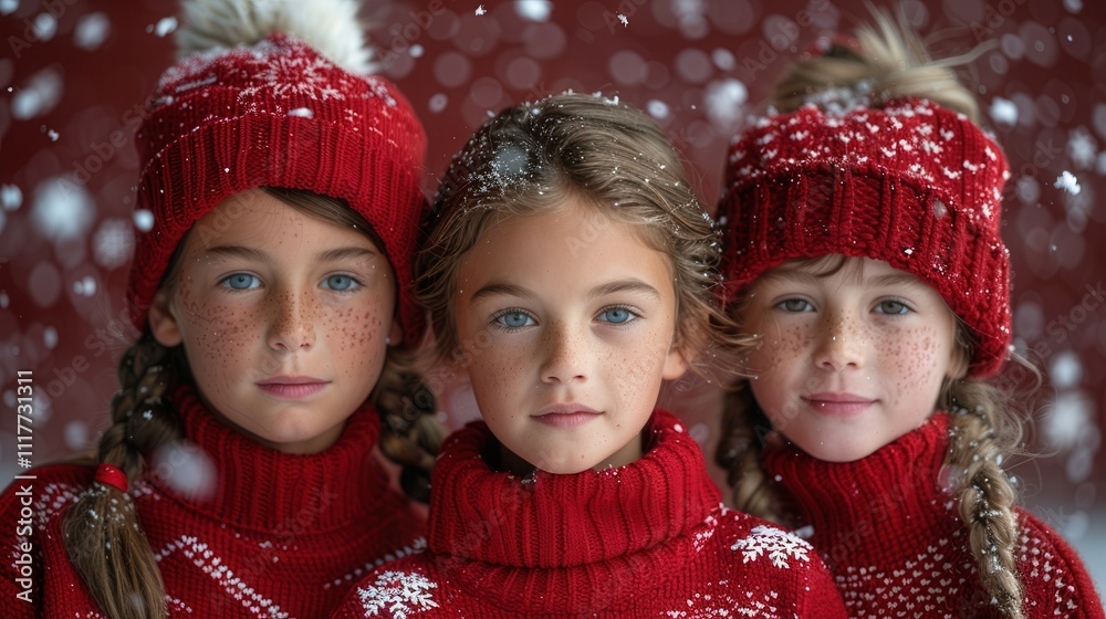 Delightful trio of children in cozy red sweaters enjoying a snowy winter day filled with laughter and joy. Generative AI Delightful trio of children in cozy red sweaters enjoying a snowy winter day filled with laughter and joy. Generative AI