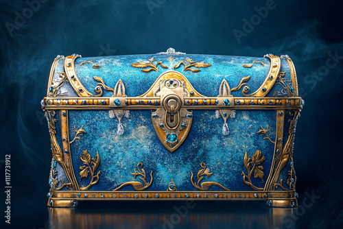 blue and gold treasure chest with ornate decorations and a mystical radiant glow

