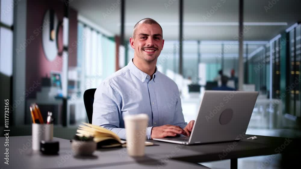 Happy Professional Man Employee Using Computer Happy Professional Man Employee Using Computer