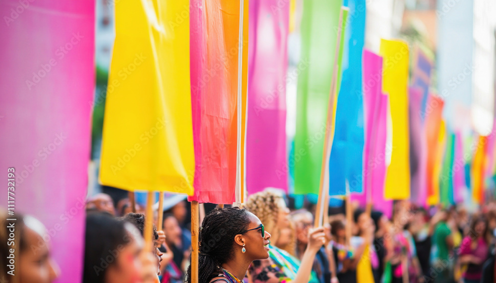 Crowd holding colorful banners celebrating diversity and inclusion Crowd holding colorful banners celebrating diversity and inclusion