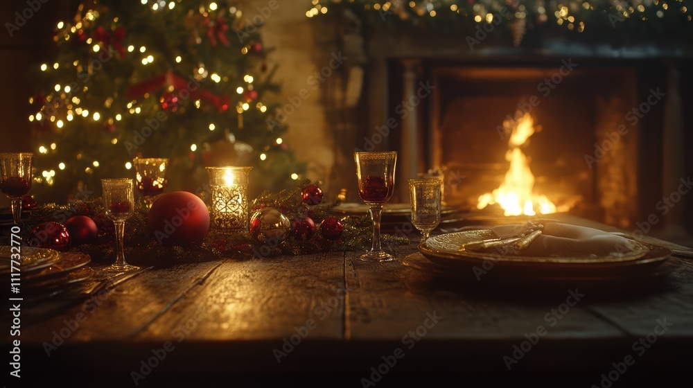 Cozy holiday table with christmas tree and fireplace decor Cozy holiday table with christmas tree and fireplace decor
