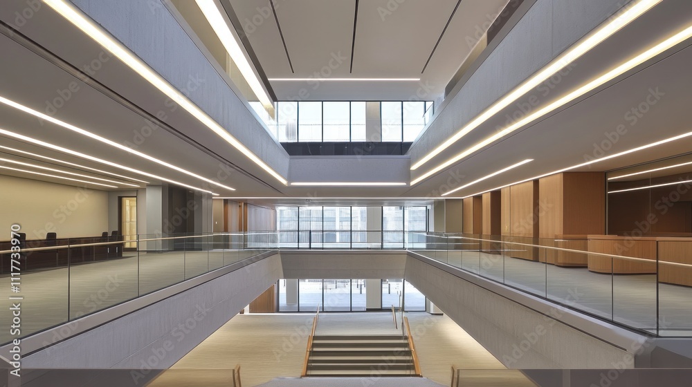 Modern Architectural Design: A View of a Staircase and a Multi-Level Lobby Modern Architectural Design: A View of a Staircase and a Multi-Level Lobby