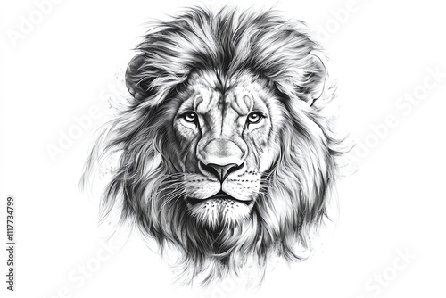 A detailed black and white illustration of a lion's head showcasing its majestic features. photo