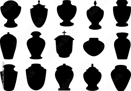 Set of different funeral cremation urns isolated on white background