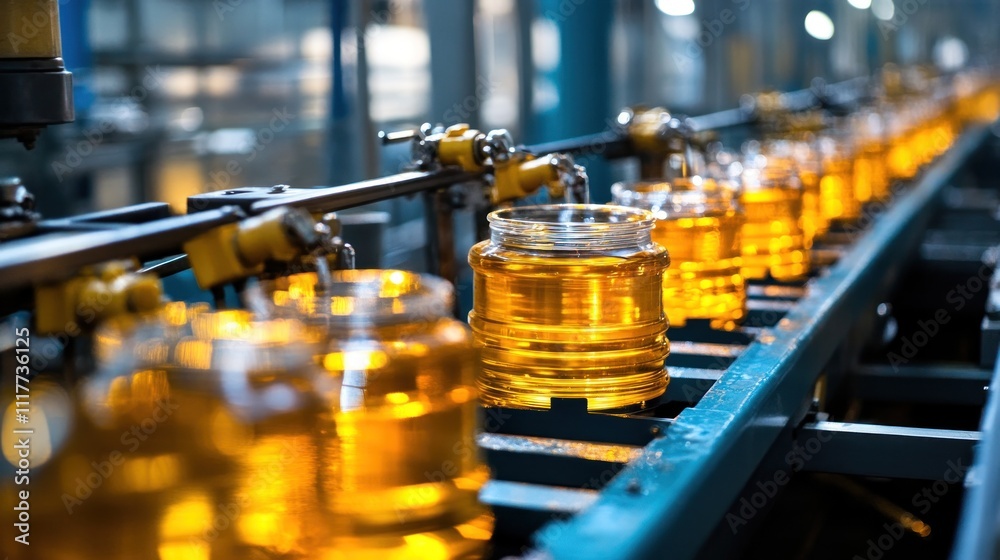 Naklejka premium Conveyor Belt of Glass Jars Filled with a Golden Liquid