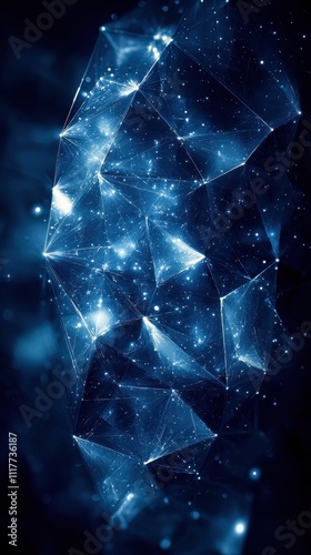 Intricate blue geometric patterns with luminous stars against a dark background create a cosmic atmosphere